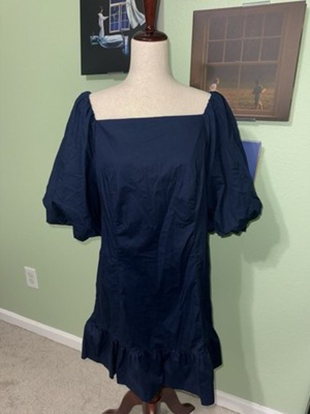 Crown & Ivy Navy Blue Square Neck Puff Short Sleeve Ruffle Hem Dress Women's 14